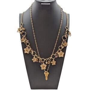 Lot of Two Gold Tone Dangling Flowers & A Giving Key Necklaces